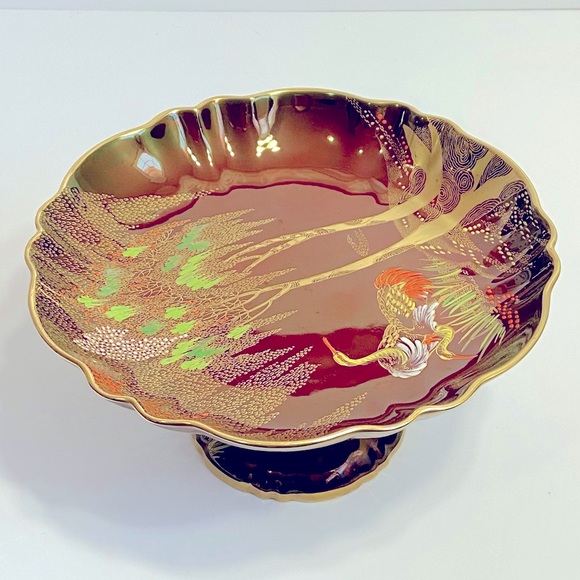 Carlton Ware Rouge Royale Hand Painted Crane/Willow Tree Scene Red Pedestal Dish - Picture 5 of 13
